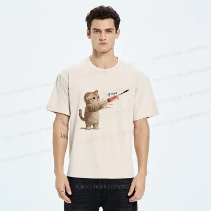 Tokyo-Tiger Funny Cat Shoots Squid Ink Washed T-Shirt