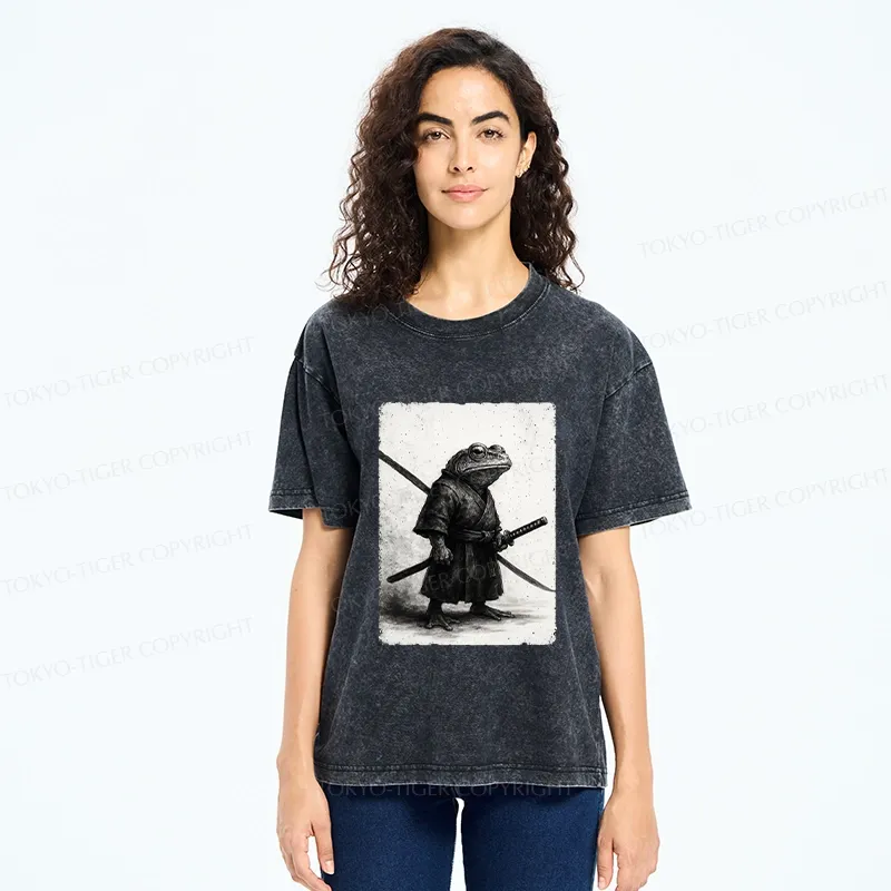 Tokyo-Tiger Retro Frog Samurai Japanese Washed T-Shirt