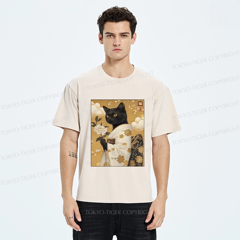 Tokyo-Tiger Retro Black Cat Holding A Flower Washed T-Shirt