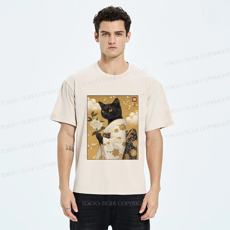 Tokyo-Tiger Retro Black Cat Holding A Flower Washed T-Shirt