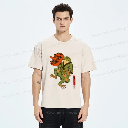 Tokyo-Tiger Frog Holding A Tengu Mask Washed T-Shirt