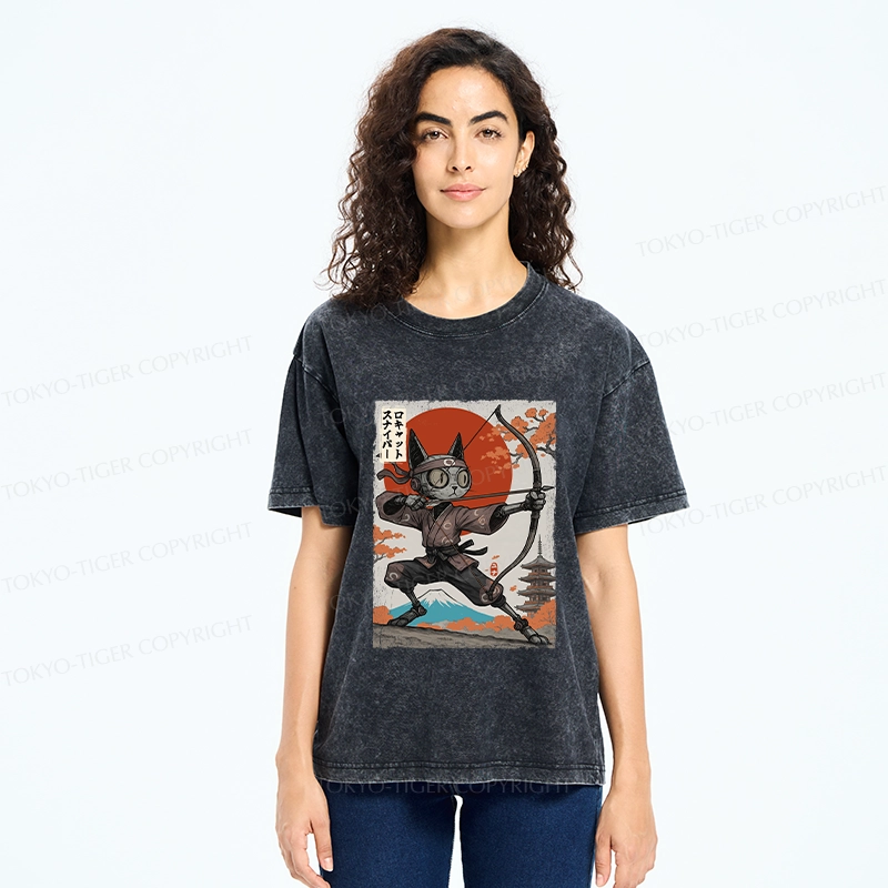 Tokyo-Tiger Japanese Robot Cat Archery Washed T-Shirt