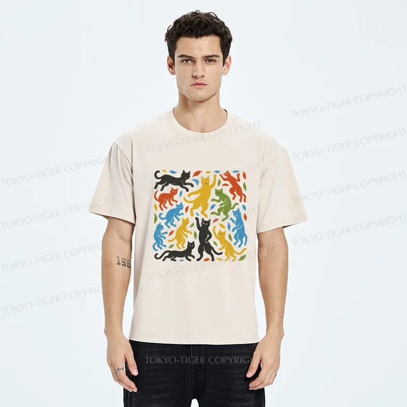 Tokyo-Tiger Funny Dancing Cat Washed T-Shirt