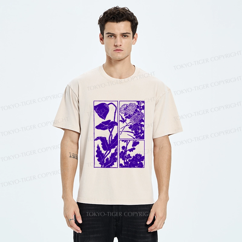 Tokyo-Tiger Woodcut Flowers Washed T-Shirt