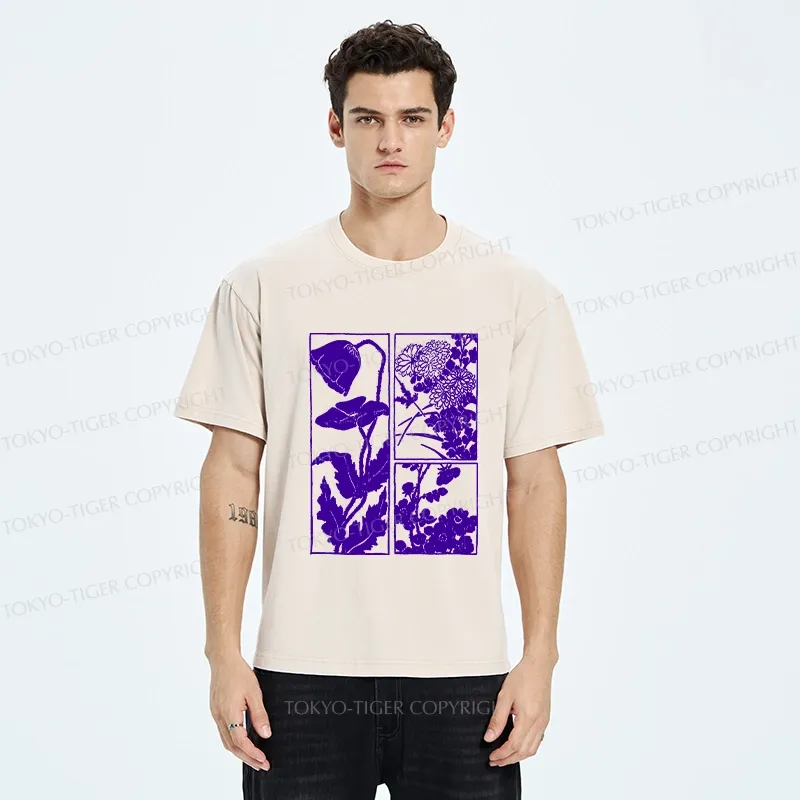 Tokyo-Tiger Woodcut Flowers Washed T-Shirt