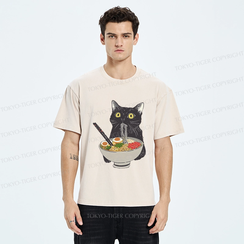 Tokyo-Tiger Cat Eating Hearty Ramen Washed T-Shirt