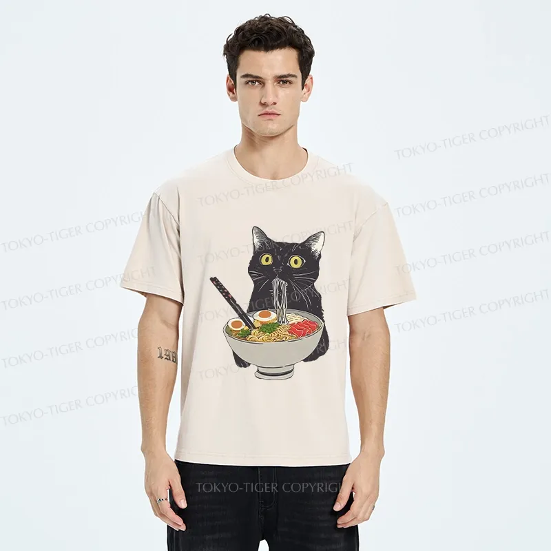 Tokyo-Tiger Cat Eating Hearty Ramen Washed T-Shirt