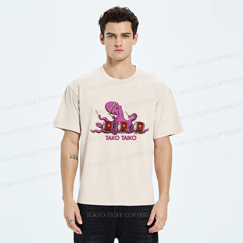 Tokyo-Tiger Funny Octopus Playing Taiko Washed T-Shirt