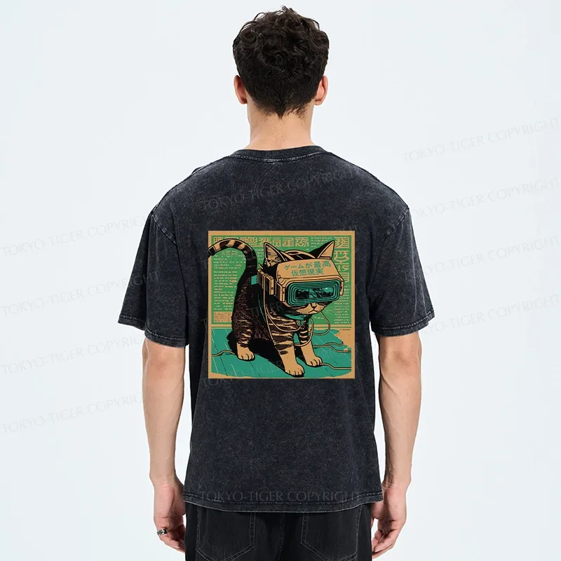 Tokyo-Tiger Cyberpunk Sci-Fi Cat Back Washed T-Shirt