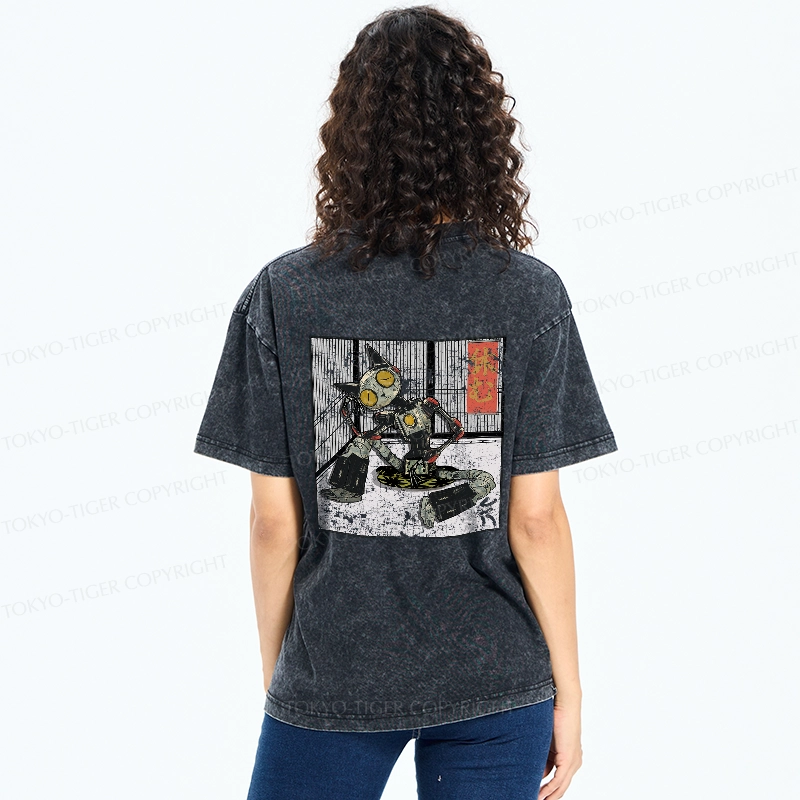 Tokyo-Tiger Robot Cat Taking A Rest Back Washed T-Shirt