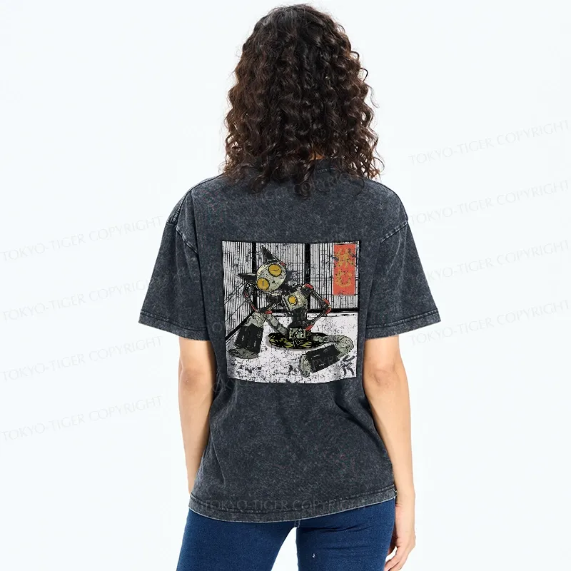 Tokyo-Tiger Robot Cat Taking A Rest Back Washed T-Shirt