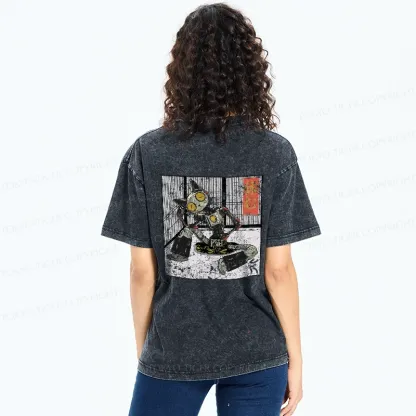 Tokyo-Tiger Robot Cat Taking A Rest Back Washed T-Shirt