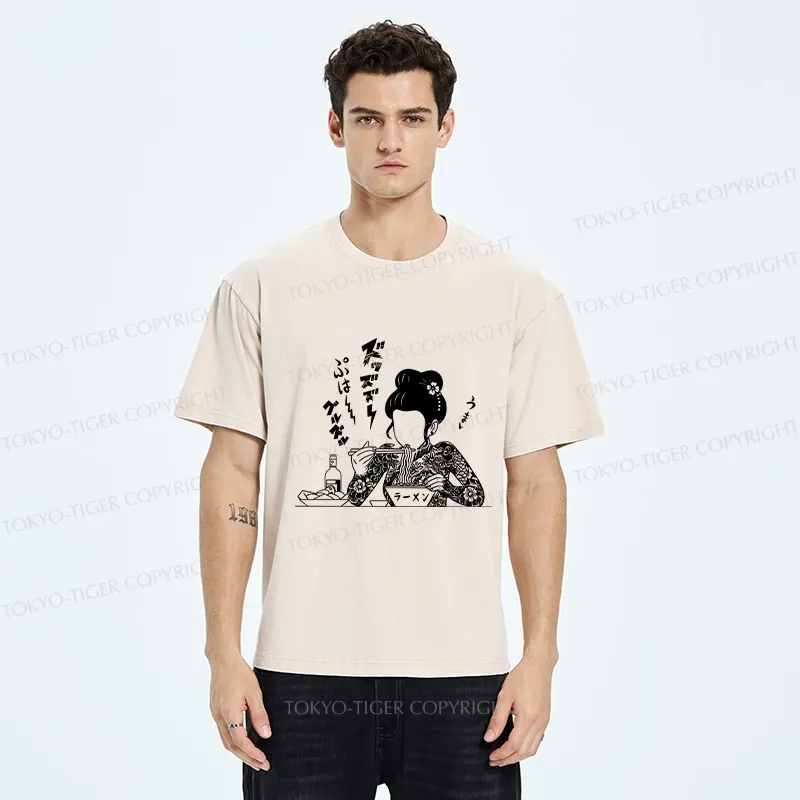 Tokyo-Tiger Japanese Beauty Eating Ramen Washed T-Shirt