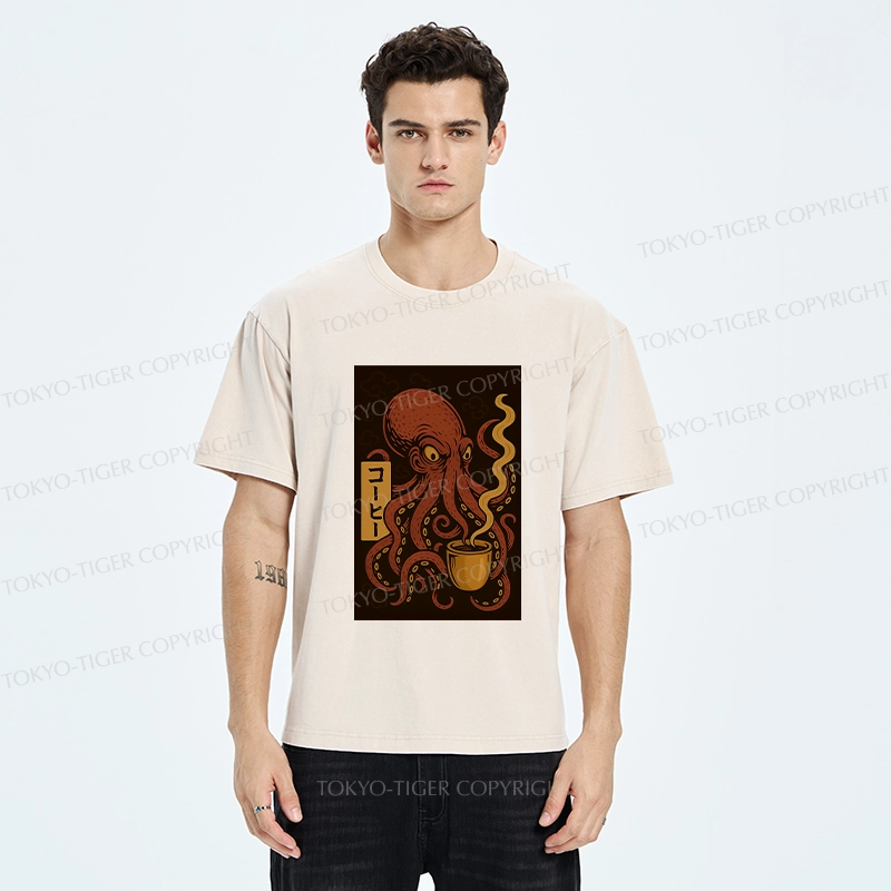 Tokyo-Tiger Octopus Drinking Coffee Washed T-Shirt