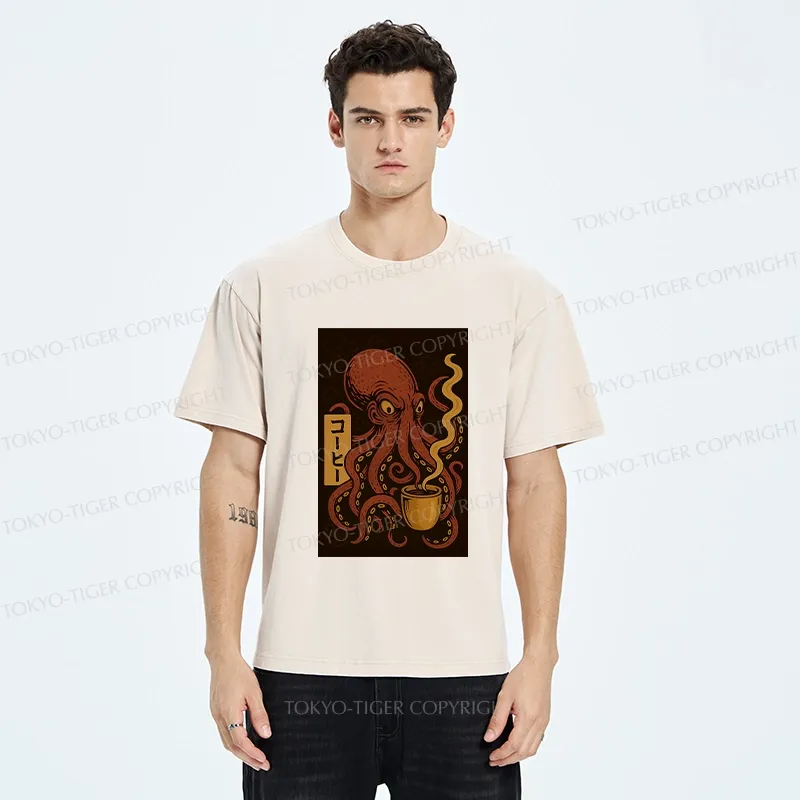 Tokyo-Tiger Octopus Drinking Coffee Washed T-Shirt