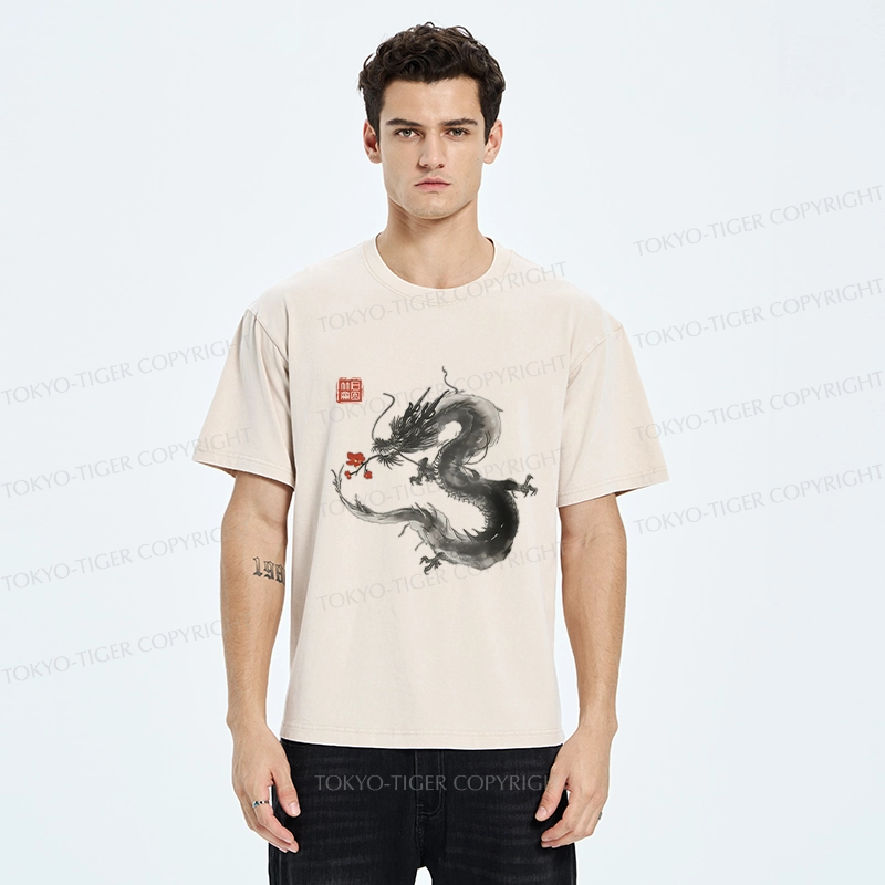 Tokyo-Tiger Dragon Holding A Flower Washed T-Shirt