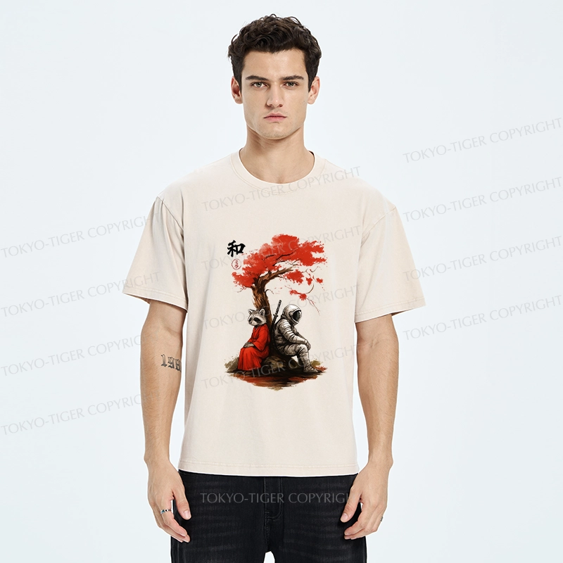 Tokyo-Tiger Raccoon And Astronaut By Tree Washed T-Shirt