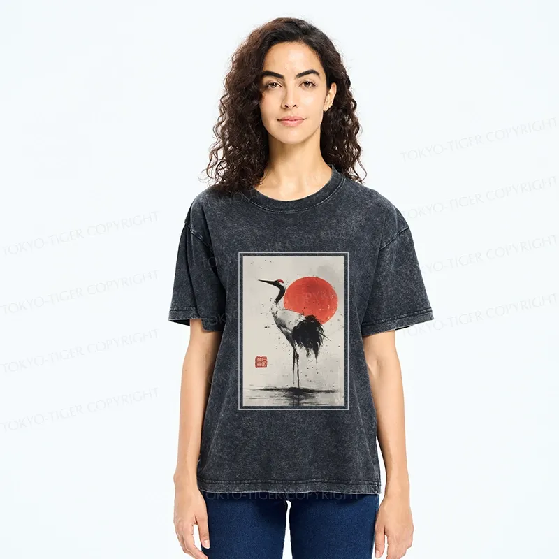 Tokyo-Tiger Retro Japanese Red-crowned Crane Washed T-Shirt