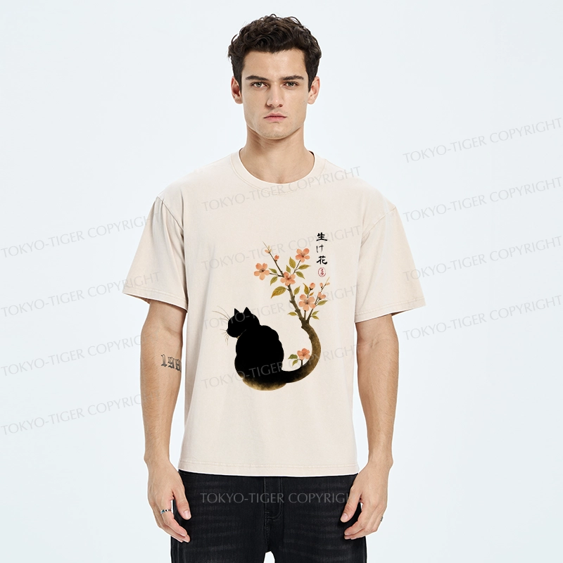 Tokyo-Tiger Retro Cat Tail Flowers Washed T-Shirt