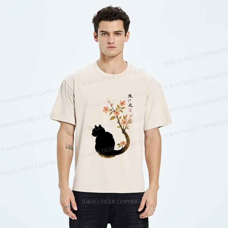 Tokyo-Tiger Retro Cat Tail Flowers Washed T-Shirt