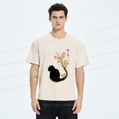 Tokyo-Tiger Retro Cat Tail Flowers Washed T-Shirt