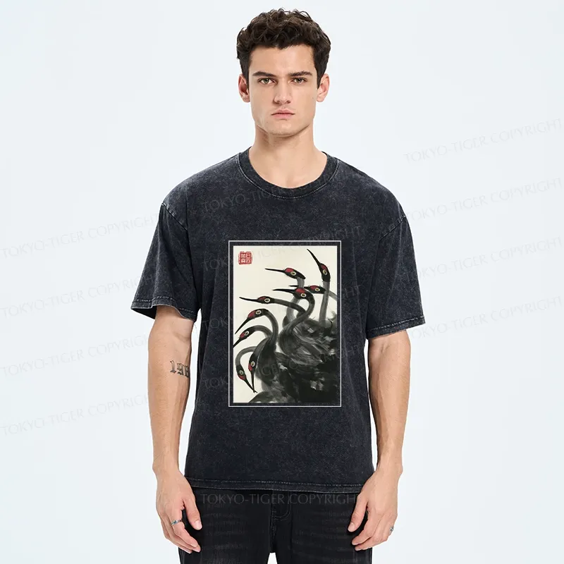 Tokyo-Tiger Retro Red Crowned Crane Washed T-Shirt