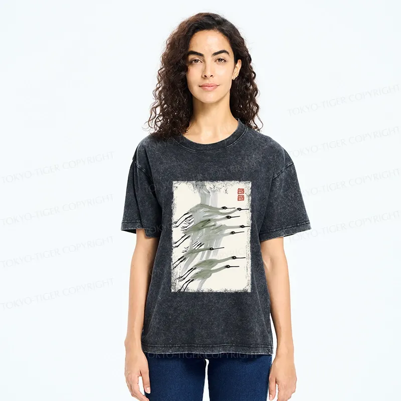 Tokyo-Tiger Flock of Cranes in Flight Washed T-Shirt