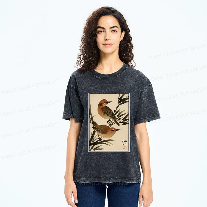 Tokyo-Tiger Sparrows Among Bamboo Washed T-Shirt