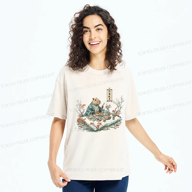 Tokyo-Tiger Capybara Enjoying Sushi Feast Washed T-Shirt