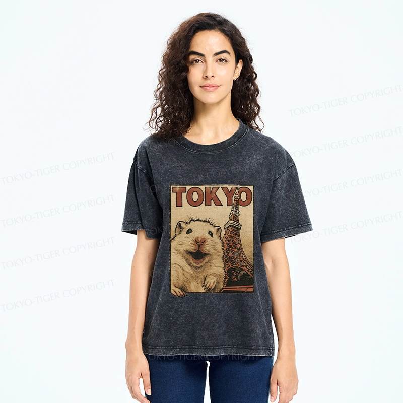 Tokyo-Tiger Happy Hamster Under Tokyo Tower Washed T-Shirt