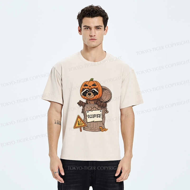 Tokyo-Tiger Funny Raccoon’s Halloween Retreat Washed T-Shirt