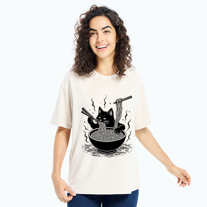 Tokyo-Tiger Ramen Lover Cat Washed T-Shirt