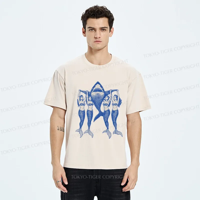 Tokyo-Tiger Mermaids Hoisting The Shark Washed T-Shirt