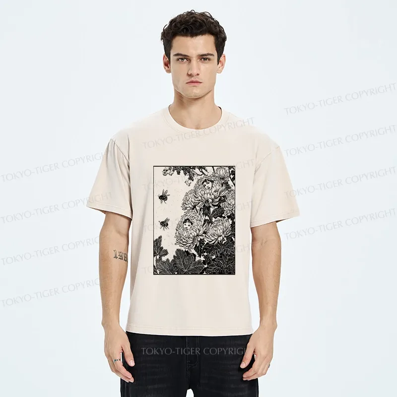 Tokyo-Tiger Chrysanthemums With Hidden Elf Washed T-Shirt