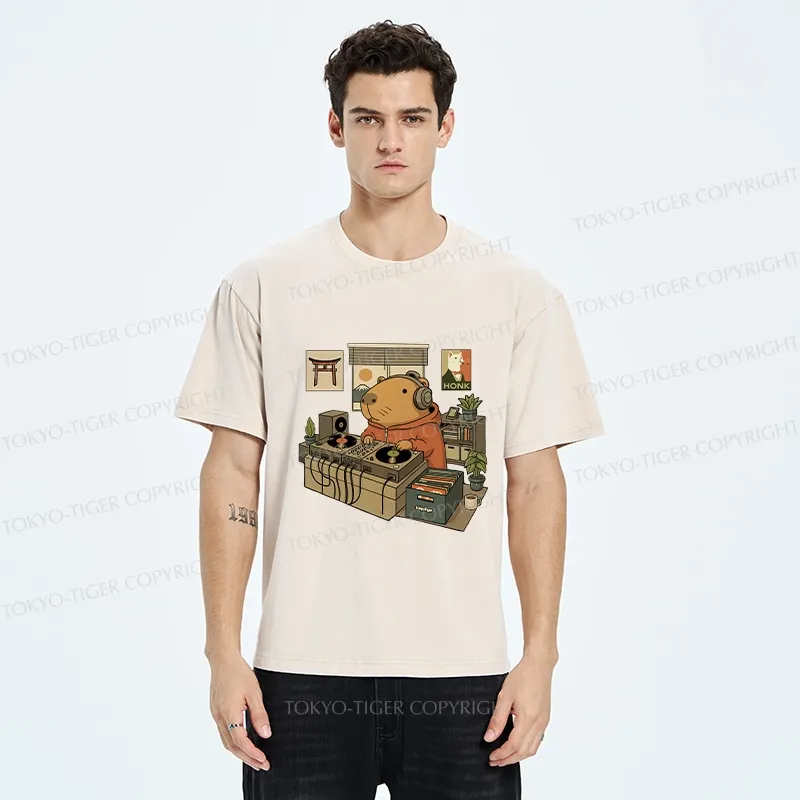 Tokyo-Tiger Funny Capybara DJ Washed T-Shirt