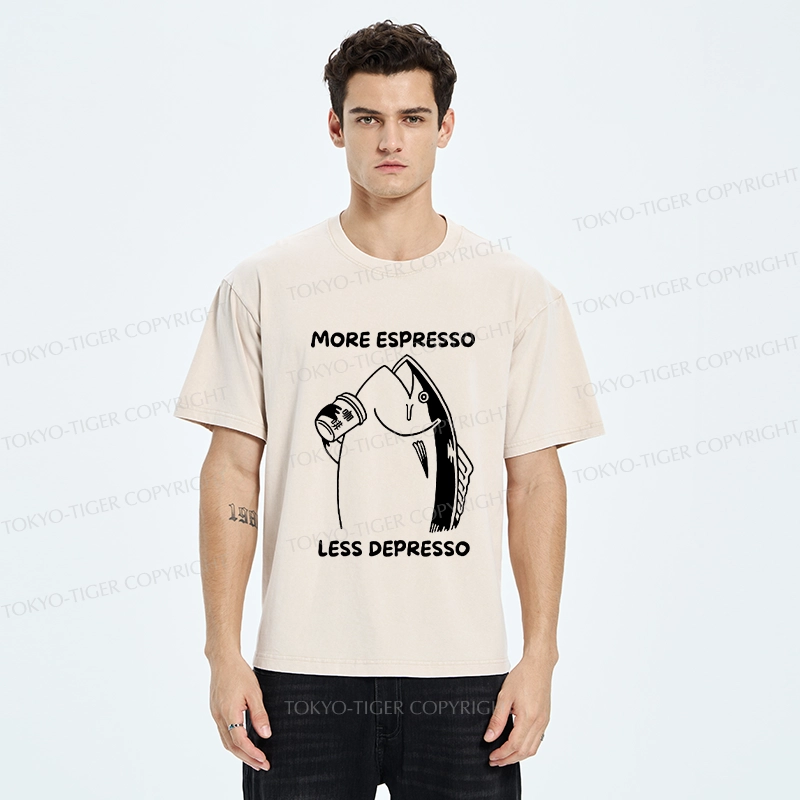 Tokyo-Tiger More Espresso Less Depresso Fish Washed T-Shirt