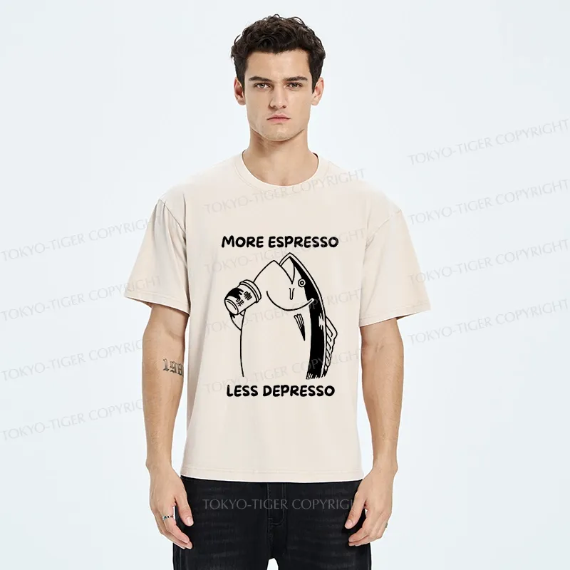 Tokyo-Tiger More Espresso Less Depresso Fish Washed T-Shirt