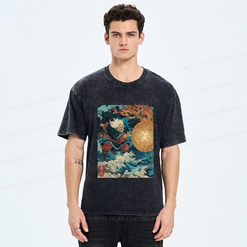 Tokyo-Tiger Samurai Controls Fireball Washed T-Shirt