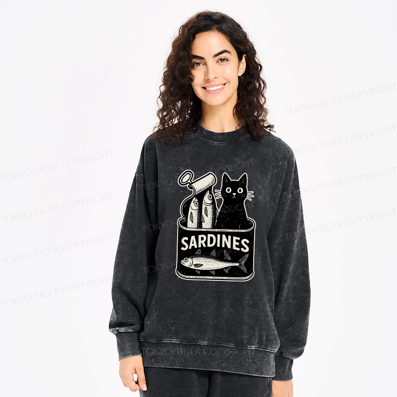 Tokyo-Tiger Cat And Canned Fish Washed Sweatshirt