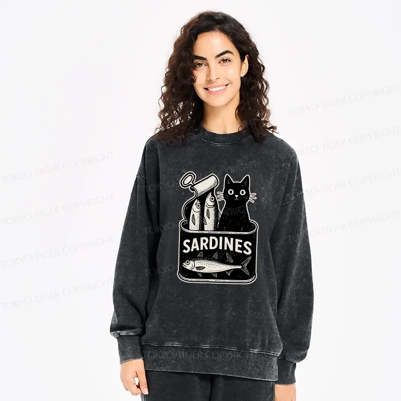 Tokyo-Tiger Cat And Canned Fish Washed Sweatshirt