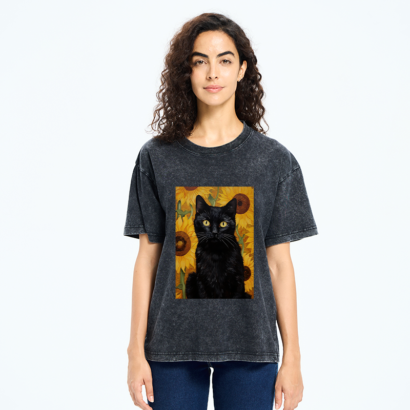 Tokyo-Tiger Black Cat Among Sunflowers Washed T-Shirt