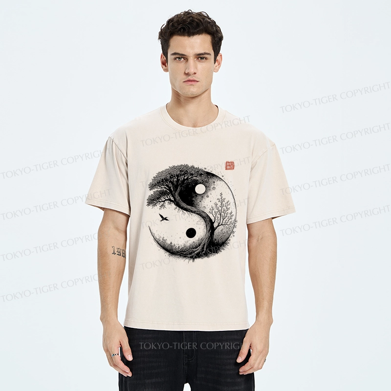 Tokyo-Tiger Yin Yang Bonsai Tree Washed T-Shirt