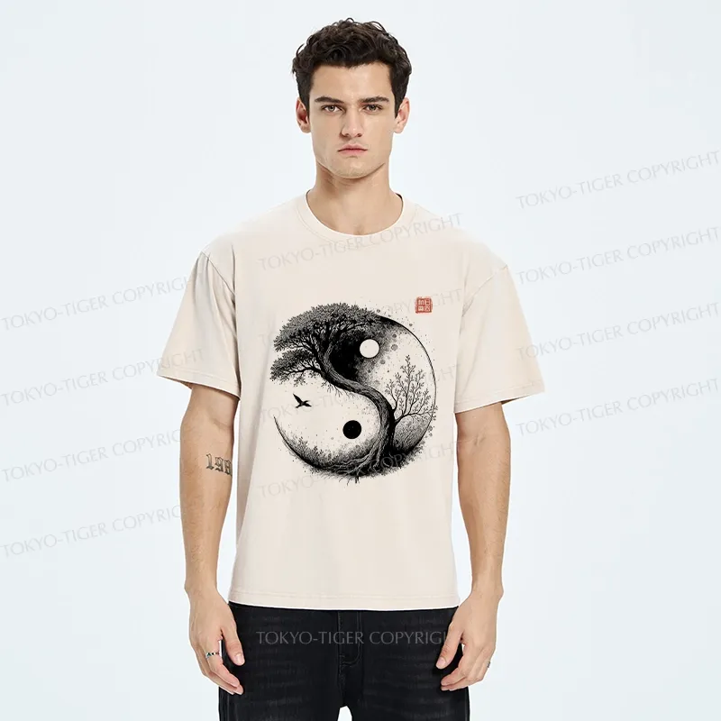 Tokyo-Tiger Yin Yang Bonsai Tree Washed T-Shirt