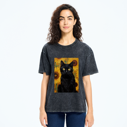 Tokyo-Tiger Black Cat Among Sunflowers Washed T-Shirt