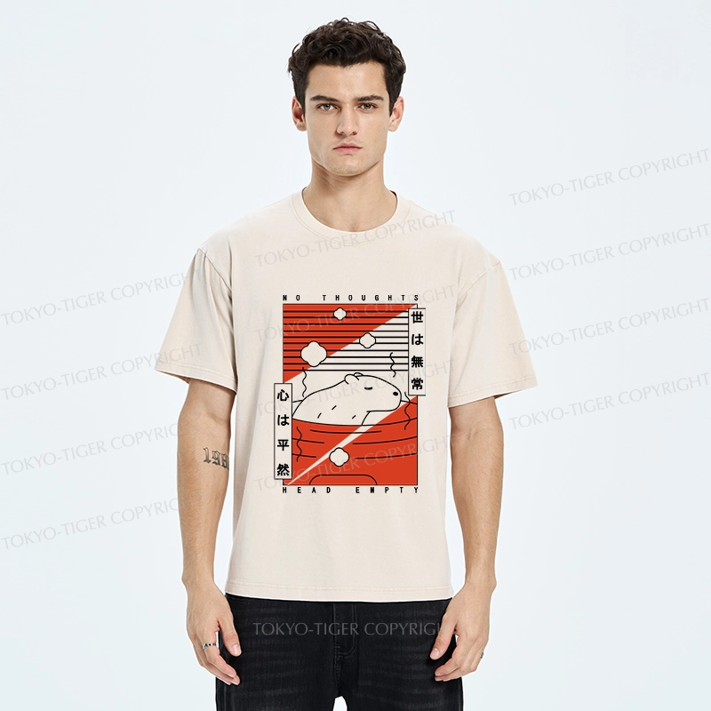 Tokyo-Tiger Capybara No Thoughts Head Empty Washed T-Shirt
