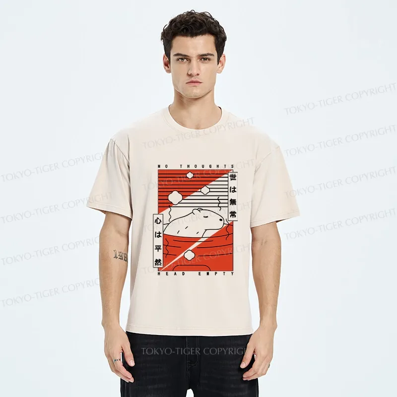 Tokyo-Tiger Capybara No Thoughts Head Empty Washed T-Shirt