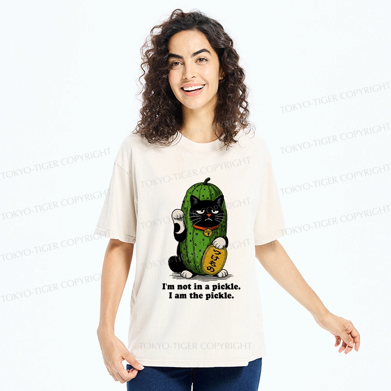 Tokyo-Tiger Funny Pickle Lucky Cat Washed T-Shirt