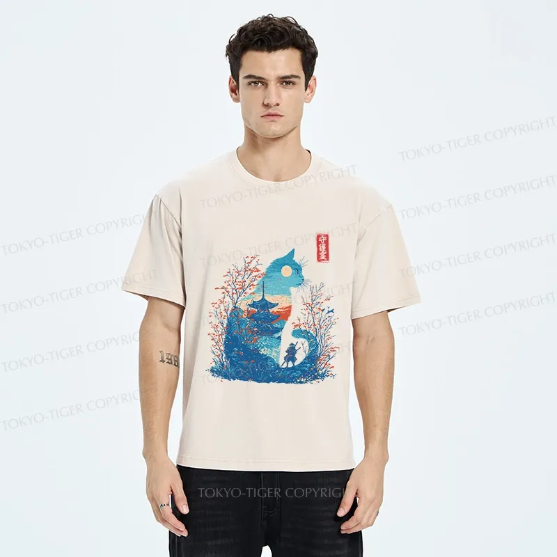Tokyo-Tiger Cat Guardian Silhouette Washed T-Shirt