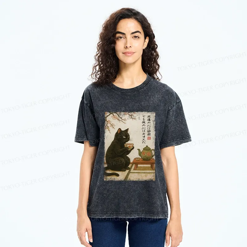 Tokyo-Tiger Tea Time With A Black Cat Washed T-Shirt