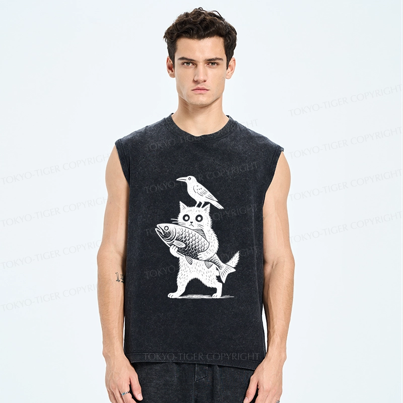 Tokyo-Tiger Black Animals Funny Washed Tank